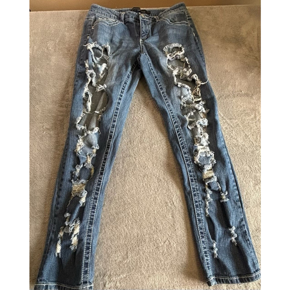 Twentyone Black Rue21 Womens Jeans Size 9/10R Lined Ripped No Holes Distressed